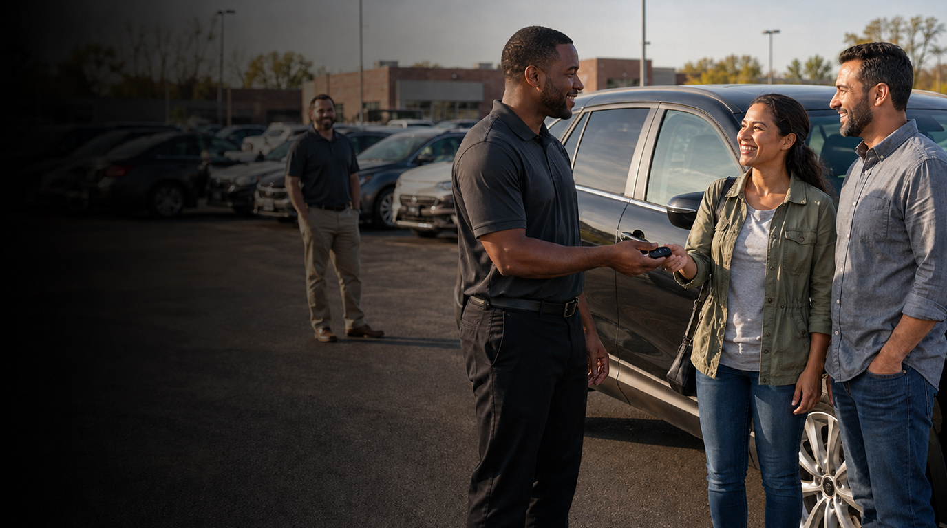 Real customers standing with their new vehicles